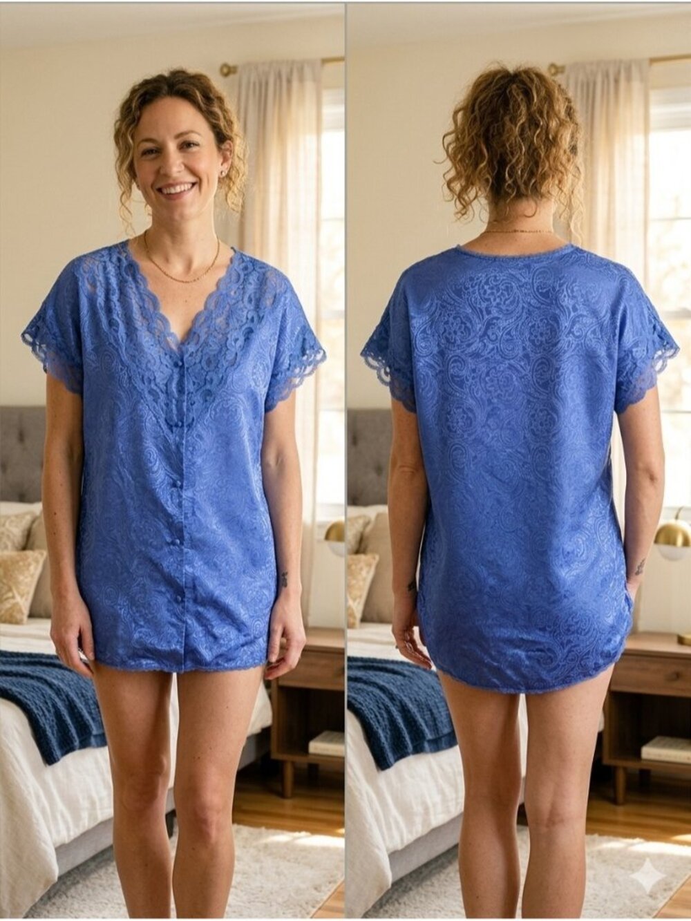 Vintage Val Mode Lingerie Blue Paisley Jacquard Lace Button Pajama Top